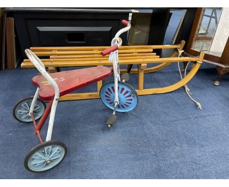 VINTAGE WOOD SLED, along with a vintage child's trike (2)