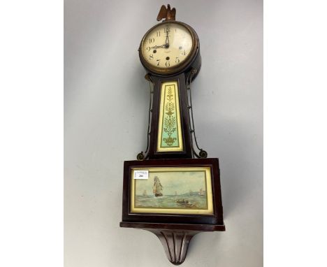 THE NEW HAVEN CLOCK CO AMERICAN WALL CLOCK, with printed shipping scene, with eagle finial, 73cm high