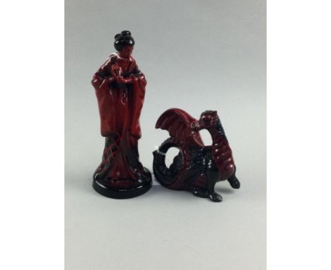ROYAL DOULTON FLAMBE FIGURE OF THE GEISHA, HN3229, along with 'Dragon', HN3552 and a group of picture plates