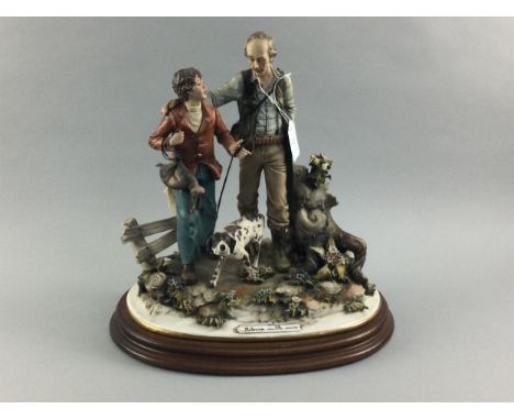 CAPODIMONTE CERAMIC FIGURE GROUP, 'Ritorno dalla caccia', on a wooden oval plinth, 38cm high