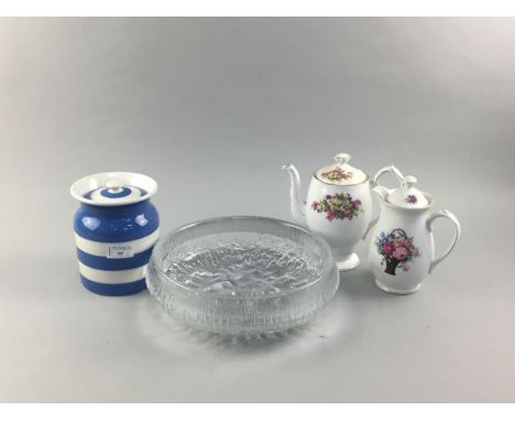 CORNISH WARE LIDDED JAR, along with a Finnish art glass circular bowl, a Bell China coffee pot and a water pot (4)