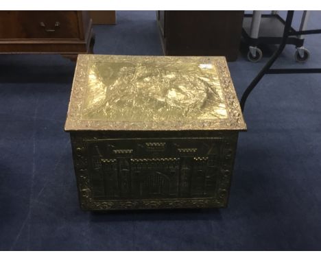 BRASS EMBOSSED LOG BOX, 51cm wide, along with other brass and silver plated items including a watering can, circular tray, cl