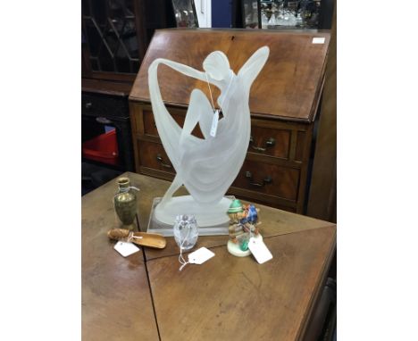 ART DECO STYLE FROSTED RESIN FIGURE OF A SEMI NUDE WOMAN, on a perspex plinth, signature impressed 'W. Anina' and dated 1995,