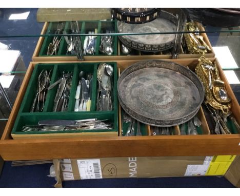 LOT OF SILVER PLATED FLATWARE, along with a circular silver plated tray