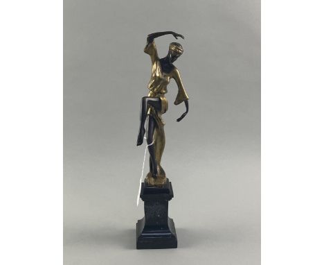 ART DECO STYLE BRONZED FIGURE OF A LADY, on a marble base, 38cm high