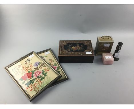 VICTORIAN WORK BOX, with transfer printed cover along with a small carriage style clock, hand bell, desk weight and two Chine