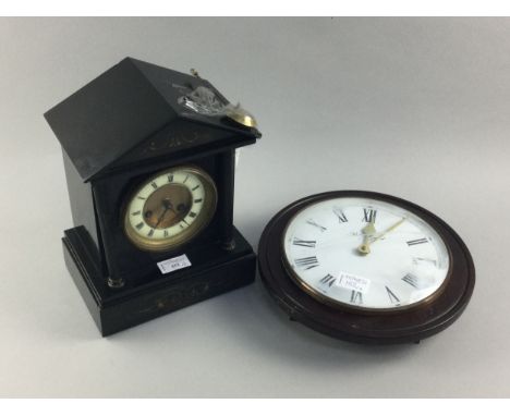 BLACK SLATE CLOCK, 29cm high, along with a modern circular wall clock (2)