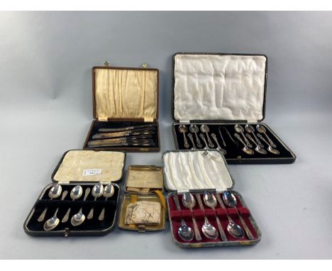 SET OF SIX SILVER TEASPOONS, in fitted case, along with a silver cigarette case, a plated cigarette case and various plated f