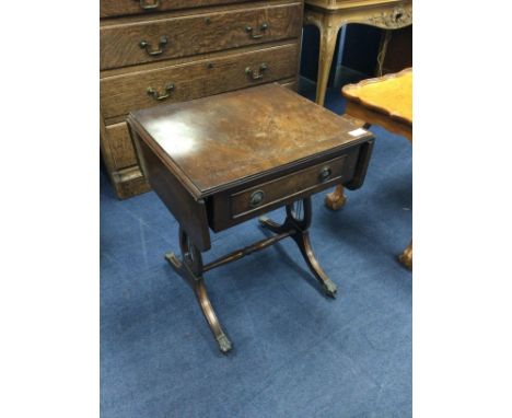 MAHOGANY SOFA TABLE, 45cm wide, along with a stained wood coffee table (2)