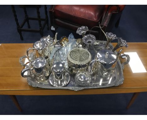 SILVER PLATED TWIN HANDLED SERVING TRAY, along with a silver plated tea service and flatware