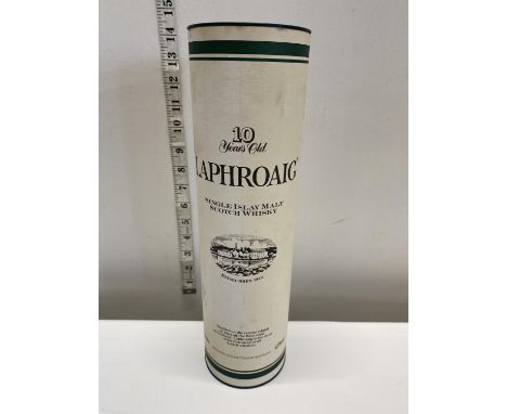 A sealed 1L bottle of Laphroaig ten year old scotch whiskey with original box