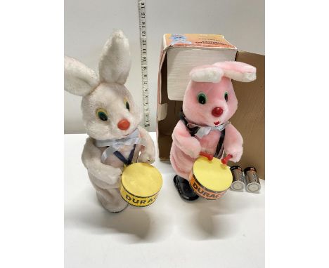Two vintage Duracell drumming bunnies, one boxed (untested)