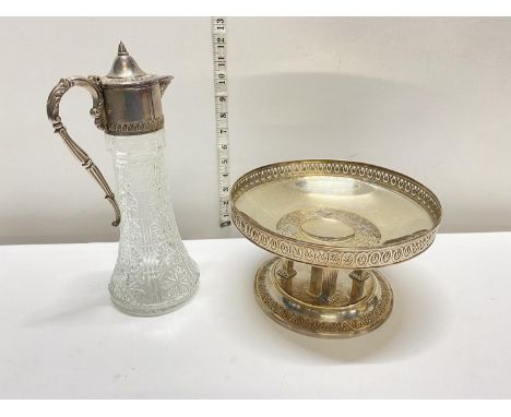 A vintage silver plated bowl on stand and a cut glass claret jug