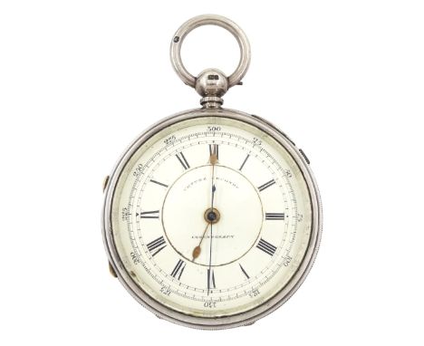 Victorian silver centre seconds key wound chronograph pocket watch, No. 3879, white enamel dial with Roman numerals, outer se