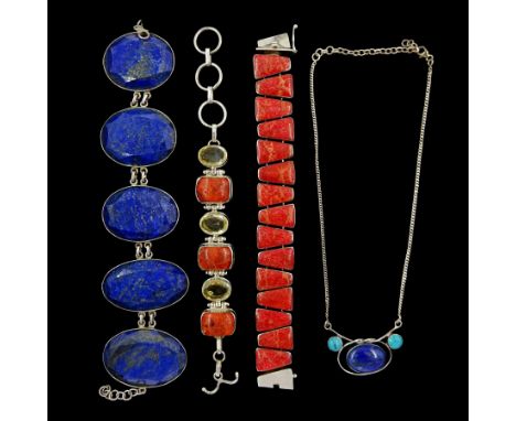 Silver oval lapis lazuli link bracelet, two other silver stone set bracelets and a silver lapis lazuli and turquoise pendant 