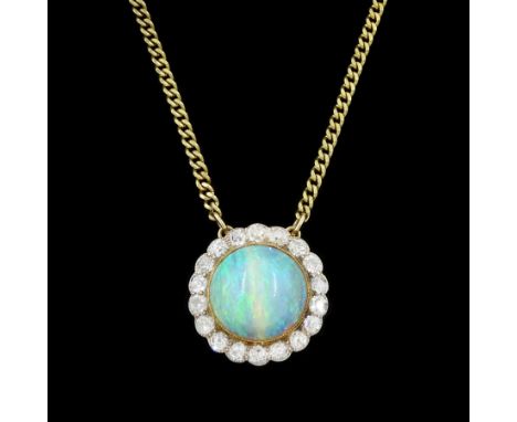 Early 20th century 15ct gold and silver round cabochon opal and old cut diamond cluster pendant, on later 9ct gold chain neck