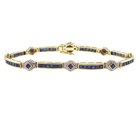 9ct gold  sapphire and diamond bracelet, channel set calibre cut sapphires, spaced by sapphire and two stone diamond surround