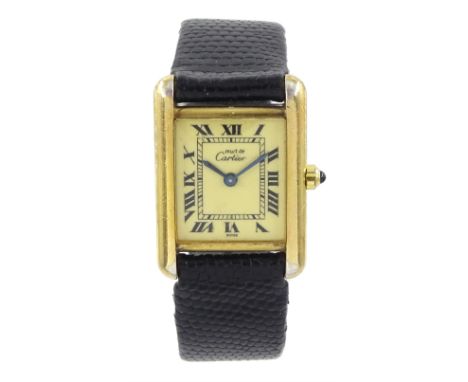 Must de Cartier Tank silver-gilt quartz wristwatch, Ref. 3 66001, cream dial with Roman numeral hour markers, hallmarked, on 