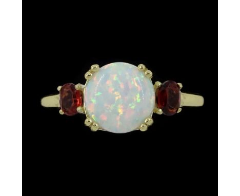 Silver-gilt three stone opal and garnet ring, stamped 925Condition Report:Size R, good condition