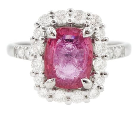 18ct white gold cushion cut pink sapphire and round brilliant cut diamond cluster ring, sapphire approx 2.20 carat, stamped 7