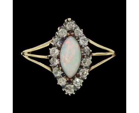 Early 20th century gold marquise opal and old cut diamond, navette shaped cluster ring, stamped 18ct, total diamond weight ap