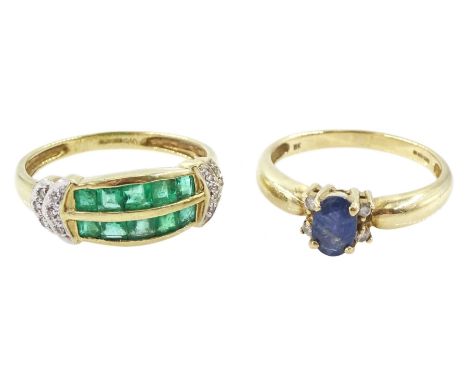 Gold oval cut sapphire and four stone diamond ring and a two row calibre cut emerald and diamond ring, both hallmarked 9ctCon