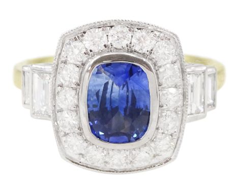 18ct white and yellow gold cushion cut sapphire and milgrain set round brilliant cut diamond cluster ring, each side set with