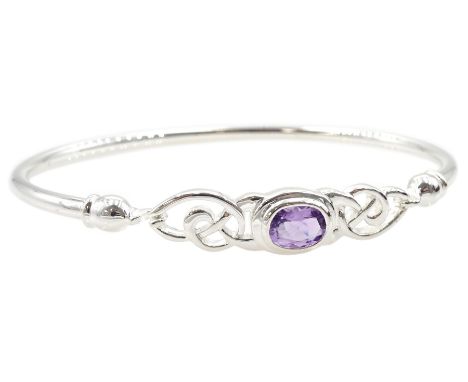 Silver amethyst Celtic design bangle, hallmarkedCondition Report:Inner circumference = 19cm, good condition