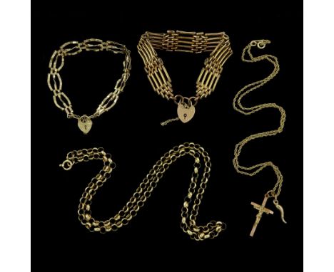 9ct gold jewellery including belcher link chain necklace, three bar gate bracelet and a pendant necklace and a gold-plated fi