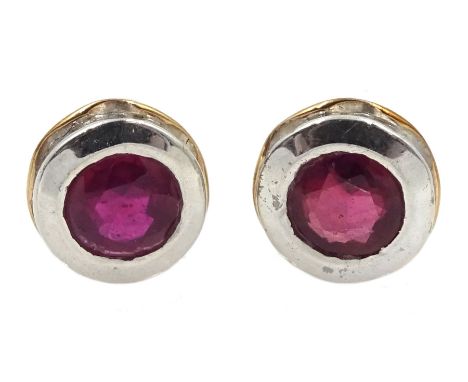 Pair of silver and 14ct gold wire ruby stud earrings, stamped 925Condition Report: Diameter = 6mm, good condition