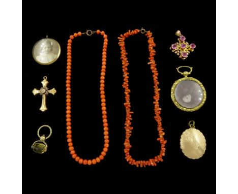 Early 20th century 15ct gold pearl cross pendant, gold pink paste stone set Maltese cross pendant, 9ct gold citrine swivel fo