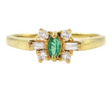 18ct gold emerald and diamond bow design cluster ring, marquise cut emerald, with baguette and round brilliant cut diamond su