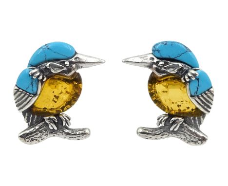 Pair of silver Baltic amber and turquoise kingfisher stud earrings, stamped 925Condition Report:Length = 18mm, good condition