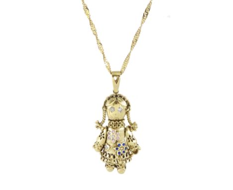 9ct gold stone set rag doll pendant necklace, hallmarkedCondition Report:Approx 18.85gm, pendant length = 5.5cm, chain length