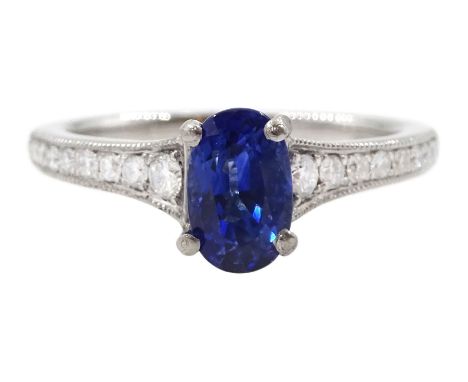 Platinum oval cut Ceylon sapphire ring, with milgrain set diamond shoulders, hallmarked, sapphire approx 1.20 caratCondition 