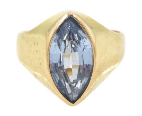 Gold single stone marquise shaped synthetic blue spinel ringCondition Report:Approx 6.05gm, size R, max depth = 16.5mm, altho