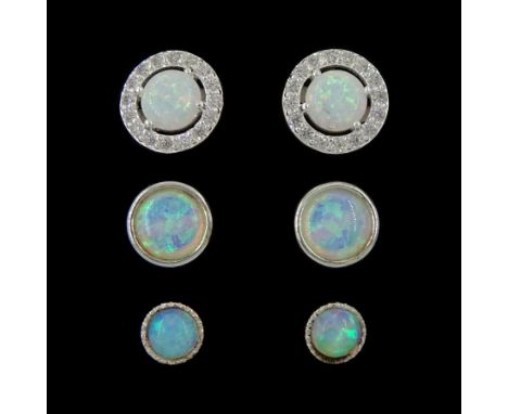 Pair of silver opal and cubic zirconia stud earrings and two other pairs of silver opal stud earringsCondition Report:Good co