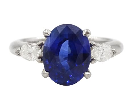 Platinum three stone oval cut sapphire and pear cut diamond ring, hallmarked, sapphire approx 2.70 caratCondition Report:Appr