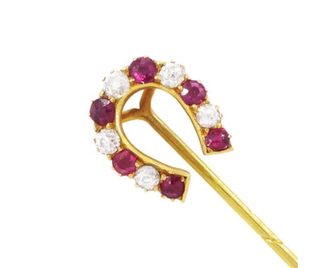 Early 20th century 18ct gold ruby and old cut diamond horseshoe stick pin, total diamond weight approx 0.45 carat, boxedCondi