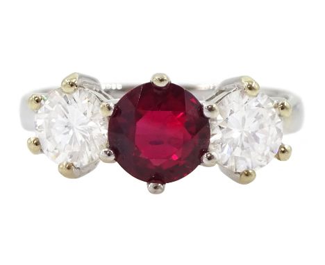 18ct white gold three stone ruby and round brilliant cut diamond ring, hallmarked, ruby approx 1.15 carat, total diamond weig
