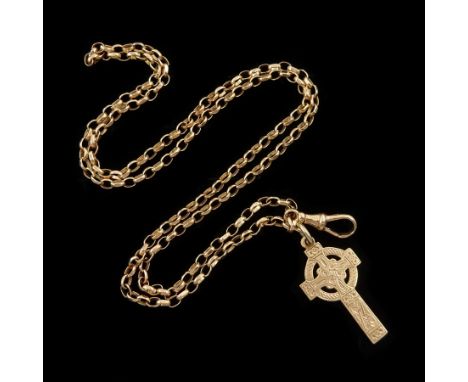 Early 20th century 9ct rose gold Celtic cross pendant, Dublin 1920, on later belcher link chain necklace, Sheffield 1995Condi