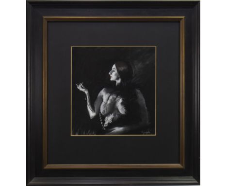 * ALEXANDER GOUDIE RP RGI (SCOTTISH 1933 - 2004), PORTRAIT OF THE ARTIST'S WIFE mixed media, signed 40cm x 40cm Mounted, fram
