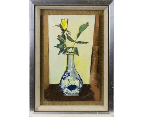 * NITA BEGG (SCOTTISH 1920 - 2011), CHINESE VASE WITH ROSEBUD oil on board, signed and dated '76 27cm x 18cm Framed and under