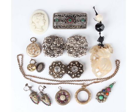 A Victorian foil-backed garnet and seed pearl cluster pendant locket, length 3.2cm, a pair of paste set costume earrings, a m