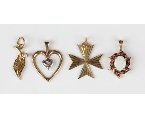 A 9ct gold and diamond heart shaped pendant, length 1.7cm, a gold pendant, designed as a Maltese Cross, detailed '9', a 9ct g