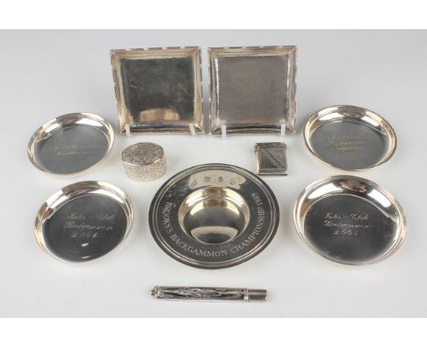A pair of Chinese silver square pin dishes, each with a simulated bamboo rim, Canton and Shanghai by Hung Chong, width 7.5cm,