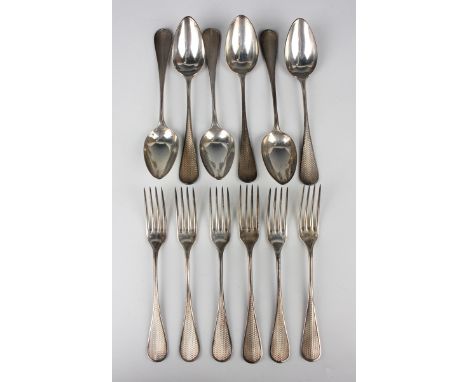 A set of six late 19th century French silver dessert forks and spoons, each handle with woven design decoration, maker's mark