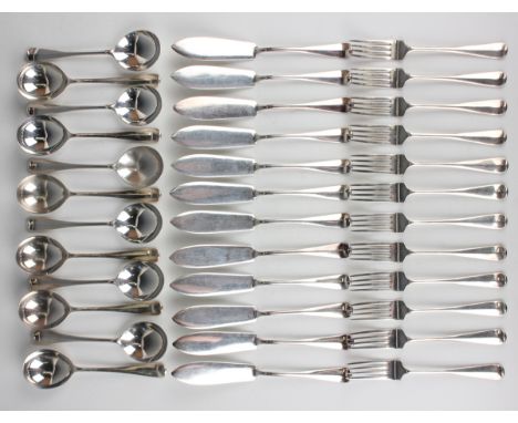 An Elizabeth II part canteen of silver Hanoverian Rat Tail pattern cutlery, comprising twelve fish knives and forks and twelv