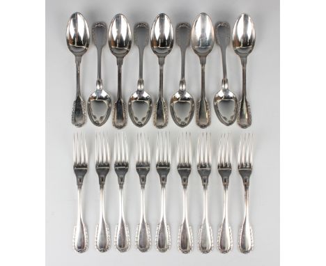 A late 19th/early 20th century French part canteen of silver Acanthus Fiddle pattern cutlery, comprising nine tablespoons and