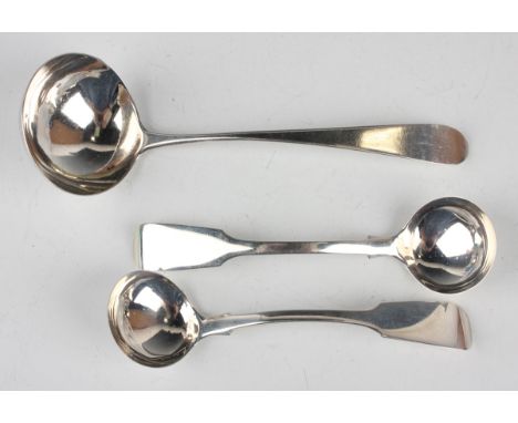 A George III Irish silver Old English pattern sauce ladle, Dublin 1799, maker's mark rubbed, length 17.5cm, and a pair of sil